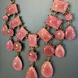 Gold Tone Marbled Pink Lucite Cabochon Statement Necklace